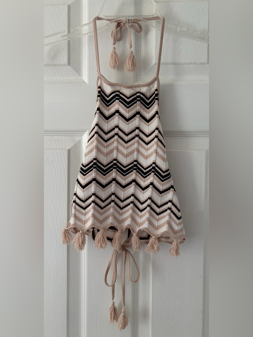 Windsor Beige, Black & White Chevron Knit Halter Top with Tassels